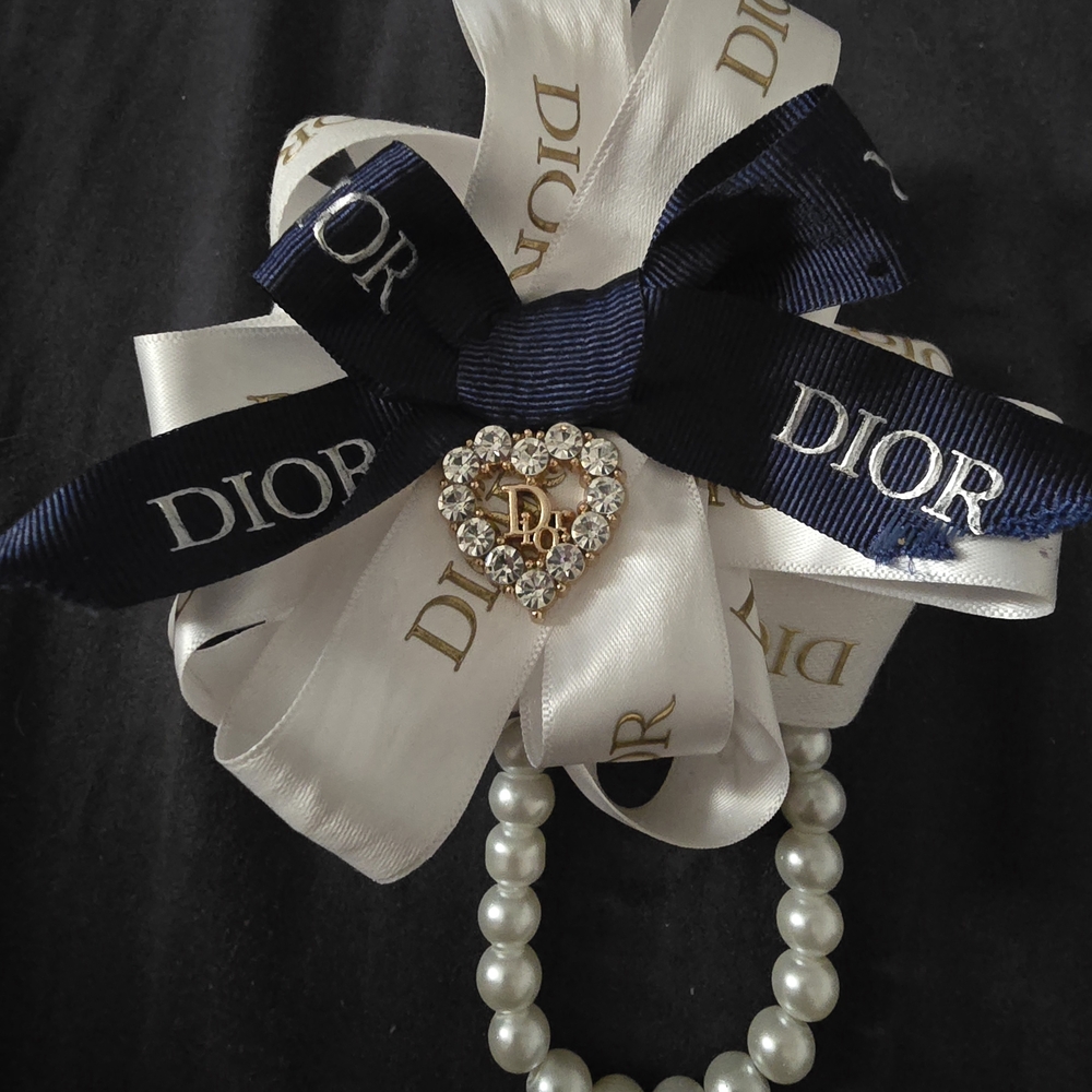 Navy and White Ribbon Pearl Bag Charm